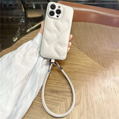 For iPhone 15 Pro Max Case Heart Pattern PU+TPU Phone Cover with Strap