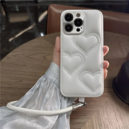 For iPhone 15 Pro Max Case Heart Pattern PU+TPU Phone Cover with Strap