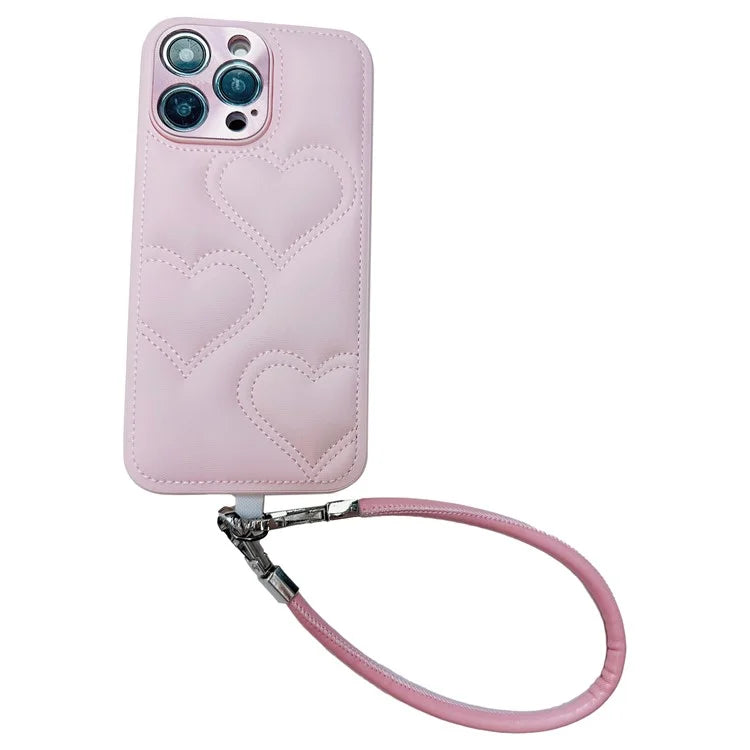 For iPhone 15 Pro Max Case Heart Pattern PU+TPU Phone Cover with Strap