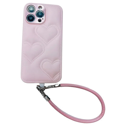 For iPhone 15 Pro Max Case Heart Pattern PU+TPU Phone Cover with Strap