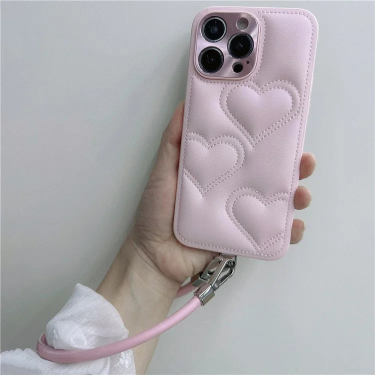 For iPhone 15 Pro Max Case Heart Pattern PU+TPU Phone Cover with Strap