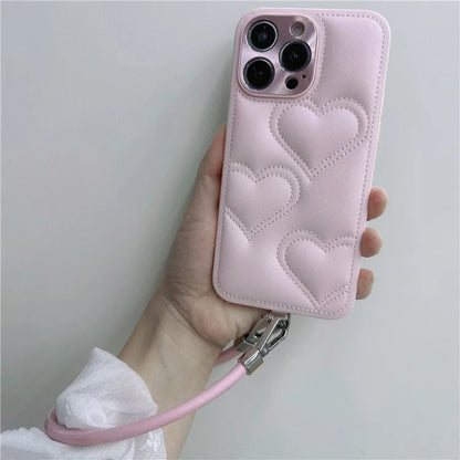 For iPhone 15 Pro Max Case Heart Pattern PU+TPU Phone Cover with Strap