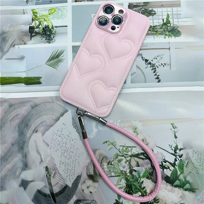 For iPhone 15 Pro Max Case Heart Pattern PU+TPU Phone Cover with Strap