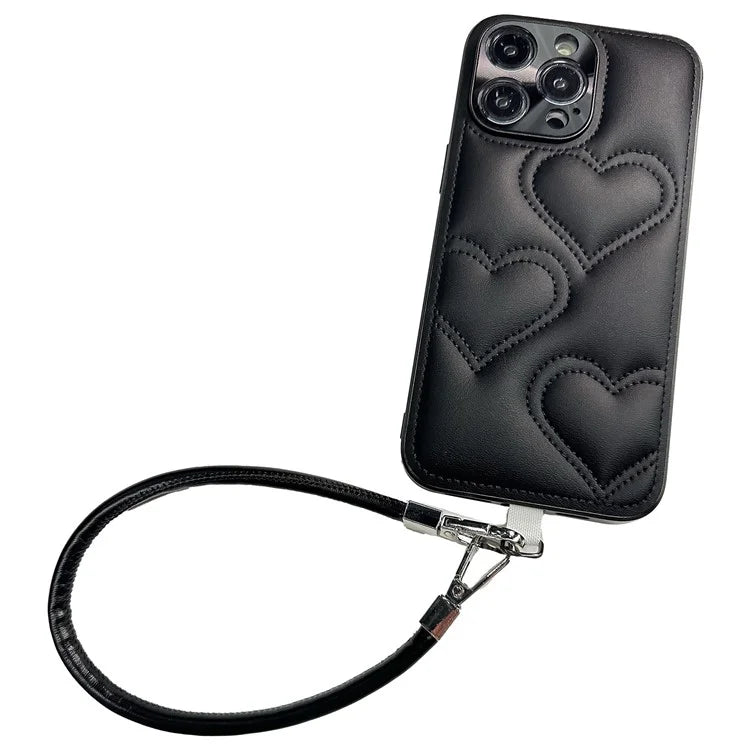 For iPhone 15 Pro Max Case Heart Pattern PU+TPU Phone Cover with Strap