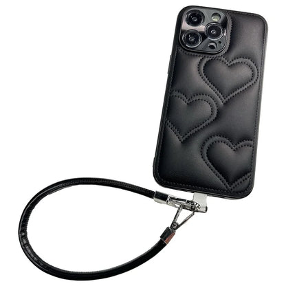 For iPhone 15 Pro Max Case Heart Pattern PU+TPU Phone Cover with Strap