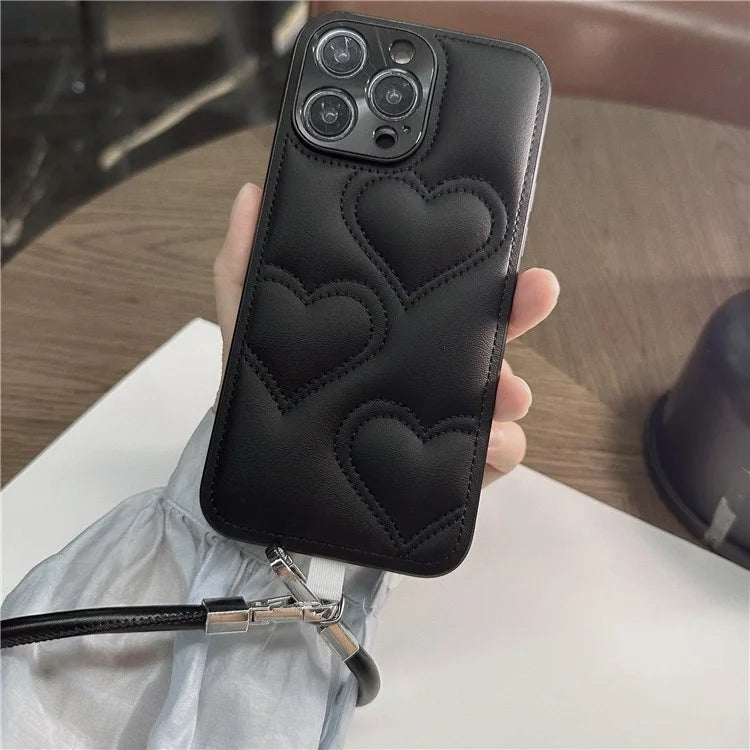 For iPhone 15 Pro Max Case Heart Pattern PU+TPU Phone Cover with Strap