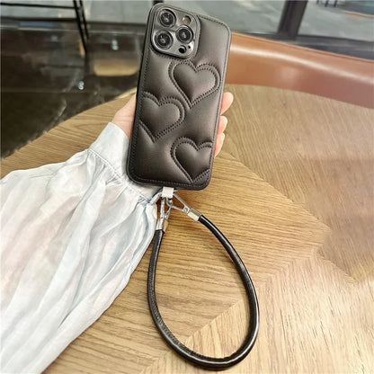 For iPhone 15 Pro Max Case Heart Pattern PU+TPU Phone Cover with Strap