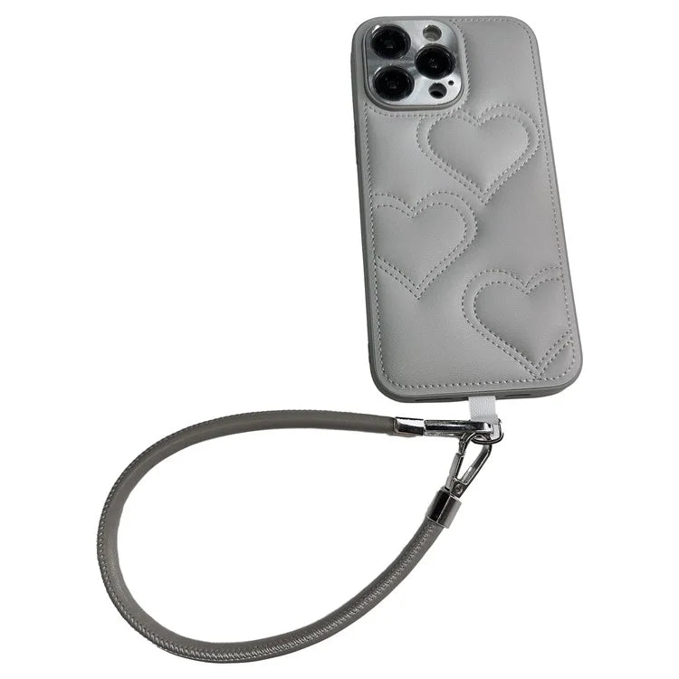 For iPhone 15 Pro Max Case Heart Pattern PU+TPU Phone Cover with Strap