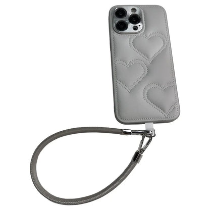 For iPhone 15 Pro Max Case Heart Pattern PU+TPU Phone Cover with Strap