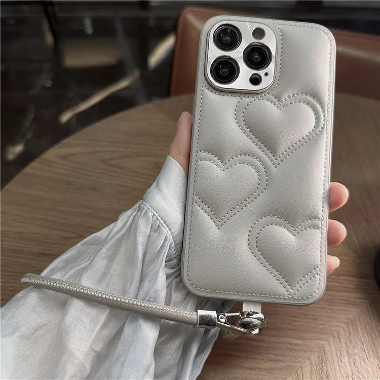 For iPhone 15 Pro Max Case Heart Pattern PU+TPU Phone Cover with Strap