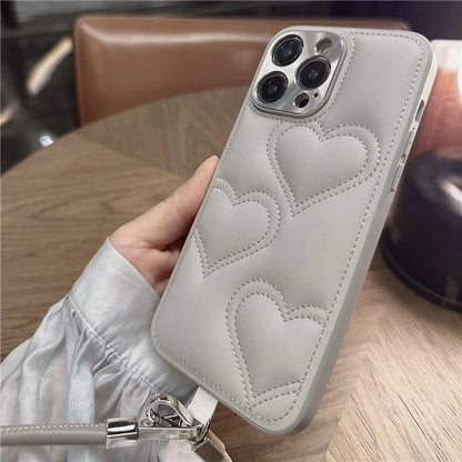 For iPhone 15 Pro Max Case Heart Pattern PU+TPU Phone Cover with Strap