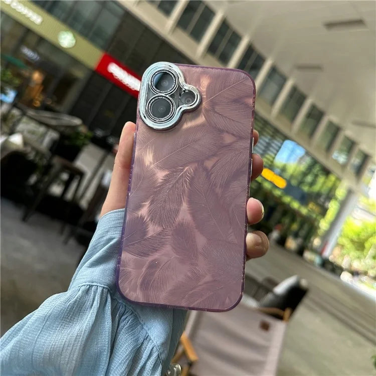 For iPhone 16 Plus Case Feather Pattern TPU+PC Anti-Scratch Phone Cover