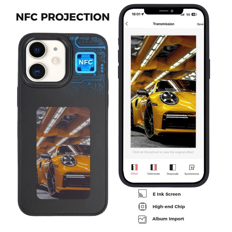 INKZONE For iPhone 11 4-Color E Ink Phone Cover NFC Projection DIY Pattern PC+TPU Case