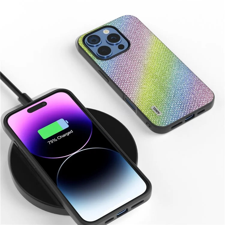 For iPhone 16 Pro Max Case Glitter Rhinestone Texture Leather+PC Phone Cover