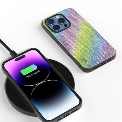 For iPhone 16 Pro Max Case Glitter Rhinestone Texture Leather+PC Phone Cover