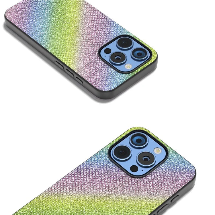 For iPhone 16 Pro Max Case Glitter Rhinestone Texture Leather+PC Phone Cover