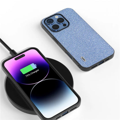 For iPhone 16 Pro Max Case Glitter Rhinestone Texture Leather+PC Phone Cover
