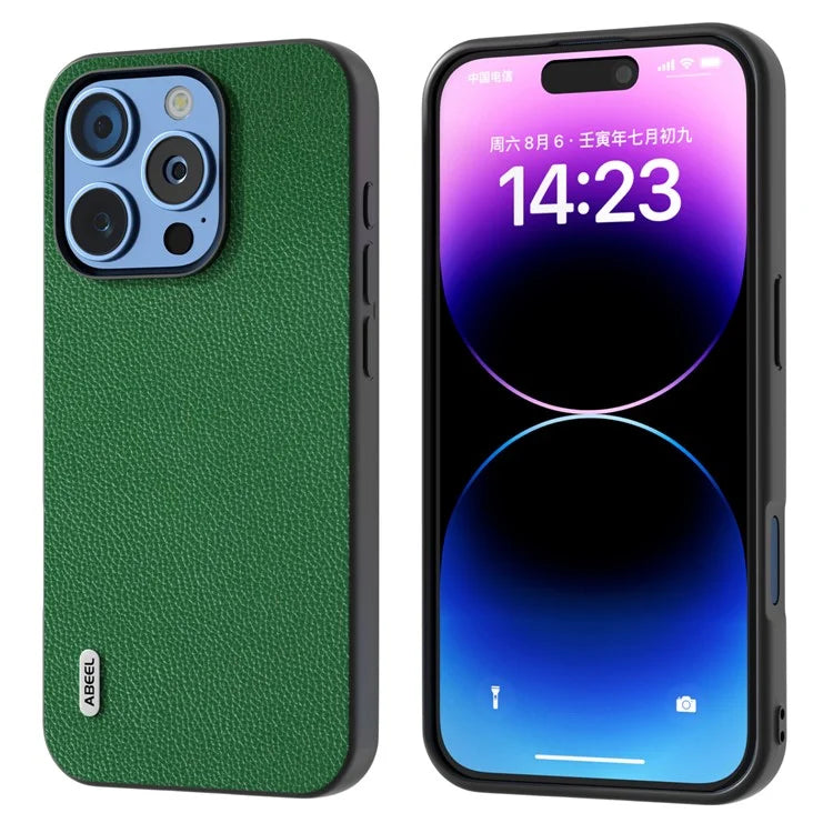 ABEEL For iPhone 16 Pro Case Litchi Texture Genuine Cow Leather+PC Phone Cover