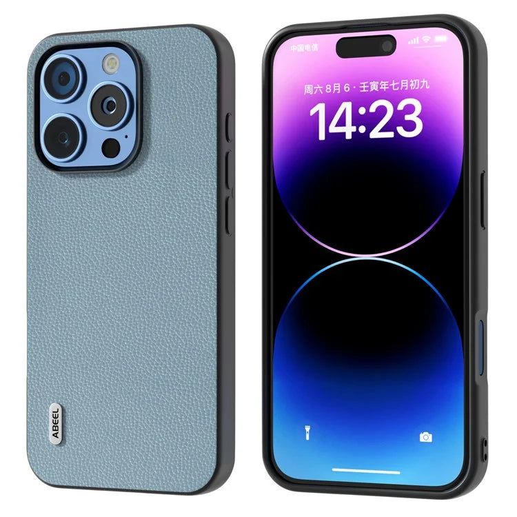 ABEEL For iPhone 16 Pro Case Litchi Texture Genuine Cow Leather+PC Phone Cover
