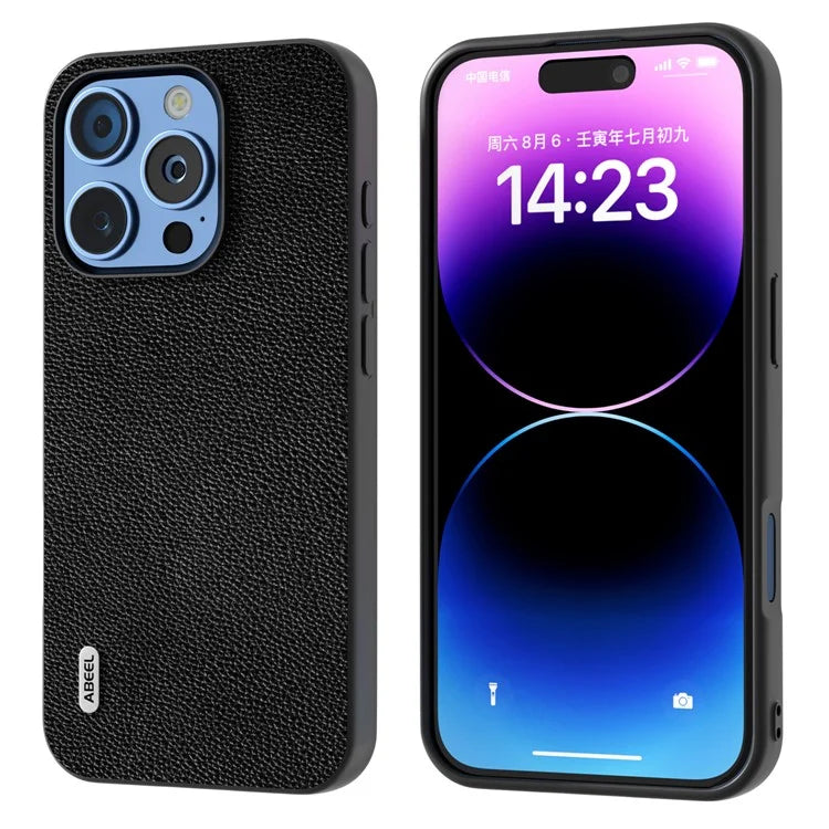 ABEEL For iPhone 16 Pro Case Litchi Texture Genuine Cow Leather+PC Phone Cover