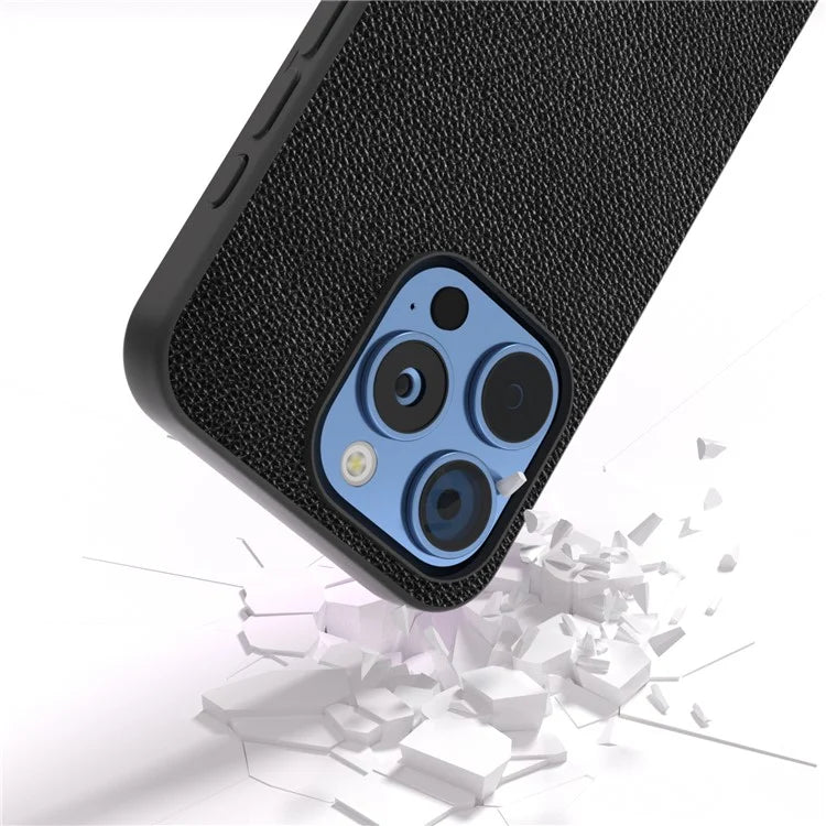 ABEEL For iPhone 16 Pro Case Litchi Texture Genuine Cow Leather+PC Phone Cover