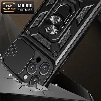 For iPhone 16 Pro Case with Slide Camera Lid PC+TPU Kickstand Phone Cover
