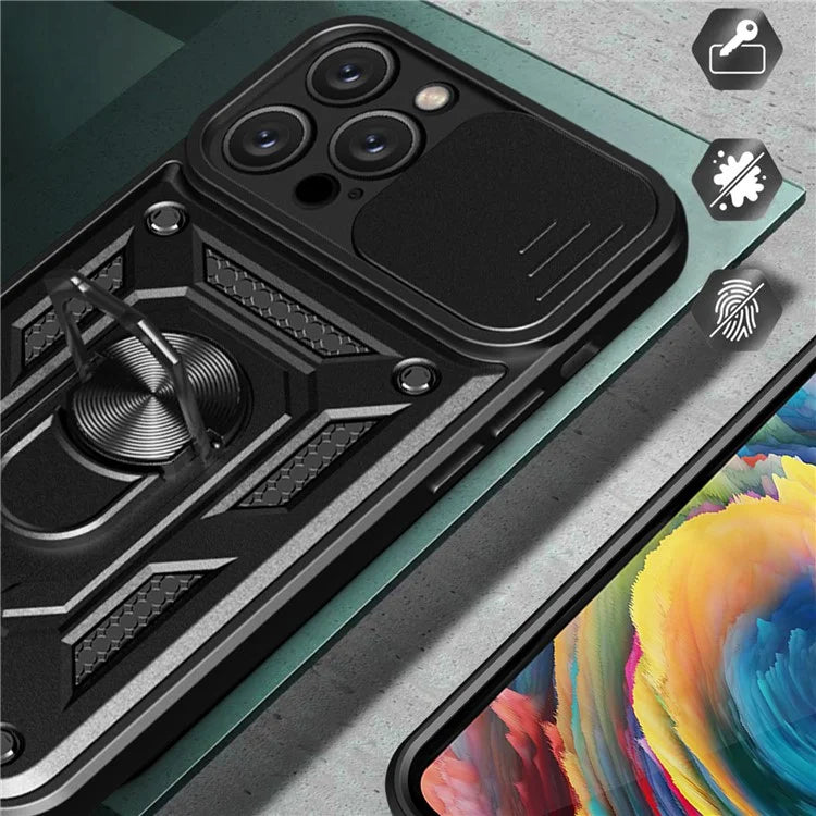 For iPhone 16 Pro Case with Slide Camera Lid PC+TPU Kickstand Phone Cover