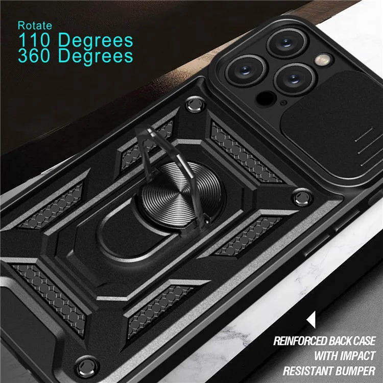 For iPhone 16 Pro Case with Slide Camera Lid PC+TPU Kickstand Phone Cover