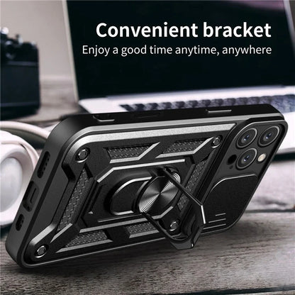 For iPhone 16 Pro Case with Slide Camera Lid PC+TPU Kickstand Phone Cover