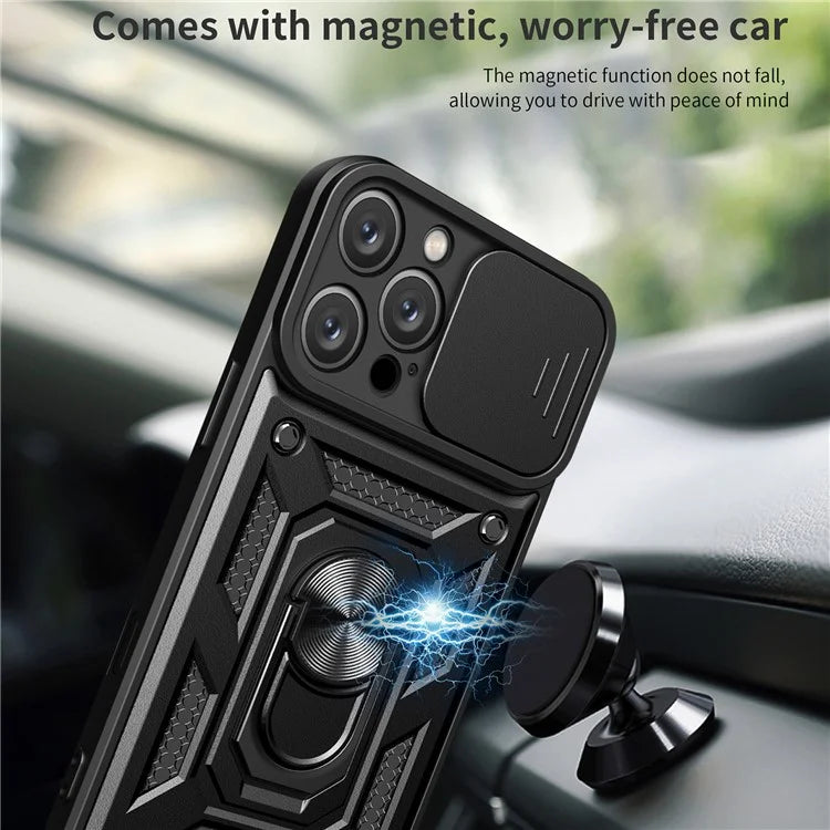For iPhone 16 Pro Case with Slide Camera Lid PC+TPU Kickstand Phone Cover