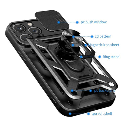 For iPhone 16 Pro Case with Slide Camera Lid PC+TPU Kickstand Phone Cover