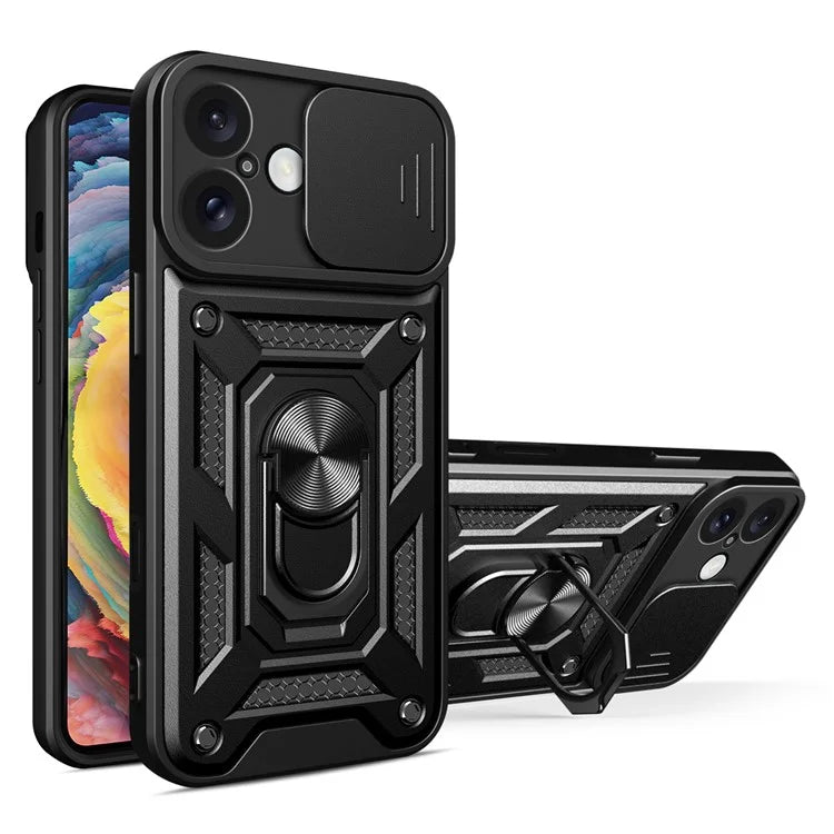 For iPhone 16 Plus Case with Slide Camera Lid PC+TPU Kickstand Phone Cover