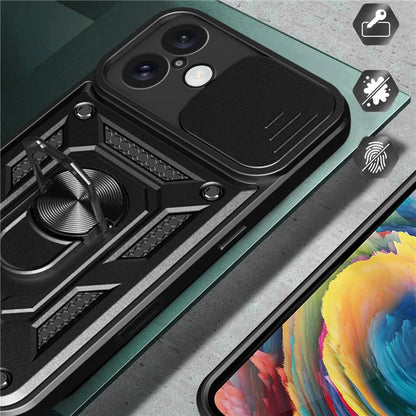 For iPhone 16 Plus Case with Slide Camera Lid PC+TPU Kickstand Phone Cover