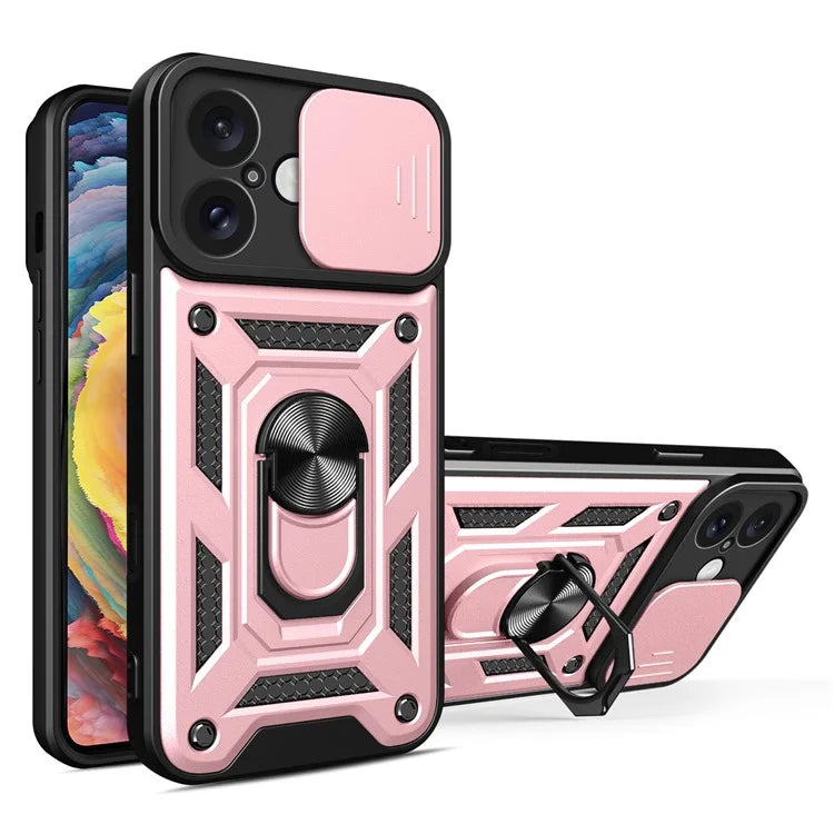 For iPhone 16 Plus Case with Slide Camera Lid PC+TPU Kickstand Phone Cover