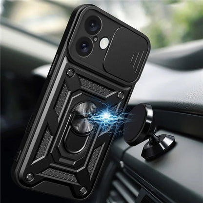 For iPhone 16 Plus Case with Slide Camera Lid PC+TPU Kickstand Phone Cover