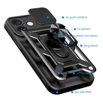 For iPhone 16 Plus Case with Slide Camera Lid PC+TPU Kickstand Phone Cover