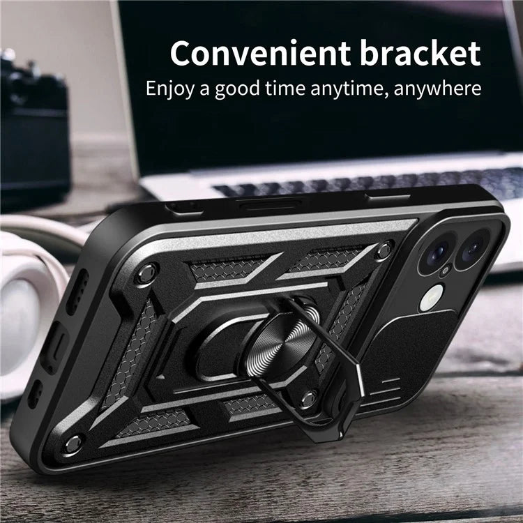 For iPhone 16 Plus Case with Slide Camera Lid PC+TPU Kickstand Phone Cover