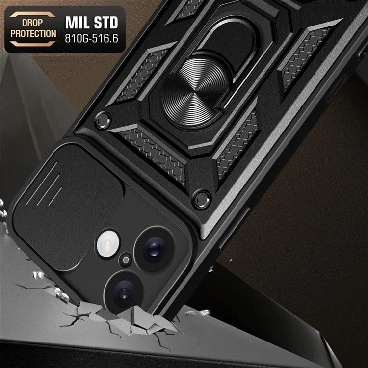 For iPhone 16 Plus Case with Slide Camera Lid PC+TPU Kickstand Phone Cover