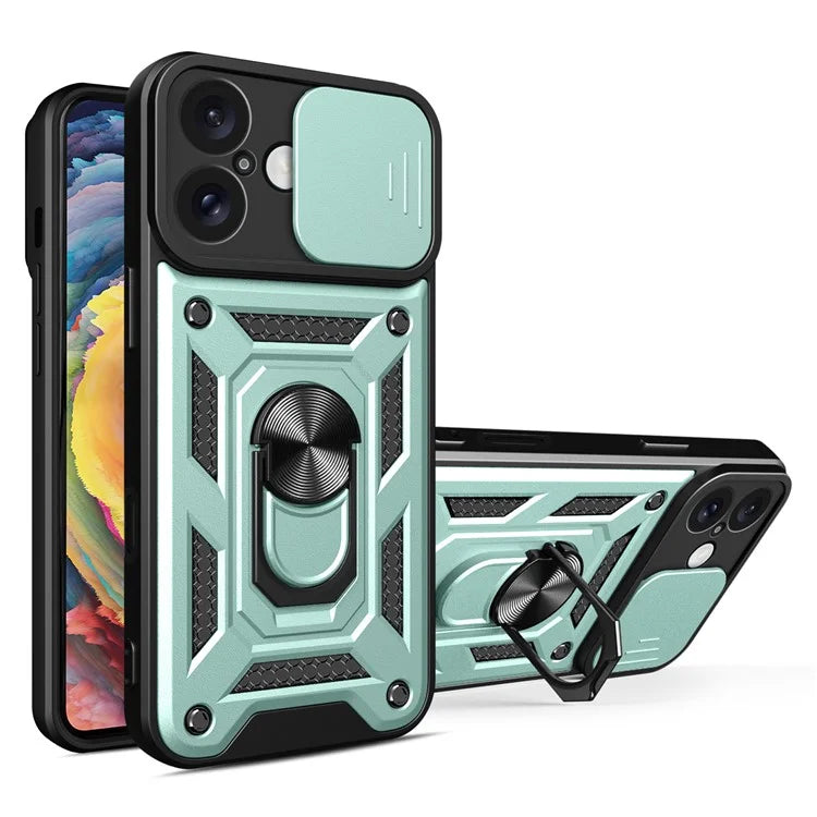 For iPhone 16 Case with Slide Camera Lid PC+TPU Kickstand Phone Cover