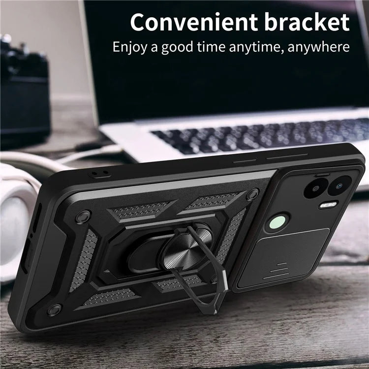For Xiaomi Redmi A1+ 4G Case with Slide Camera Lid PC+TPU Kickstand Phone Cover