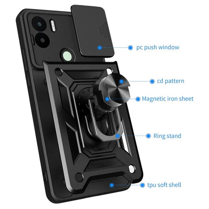 For Xiaomi Redmi A1+ 4G Case with Slide Camera Lid PC+TPU Kickstand Phone Cover