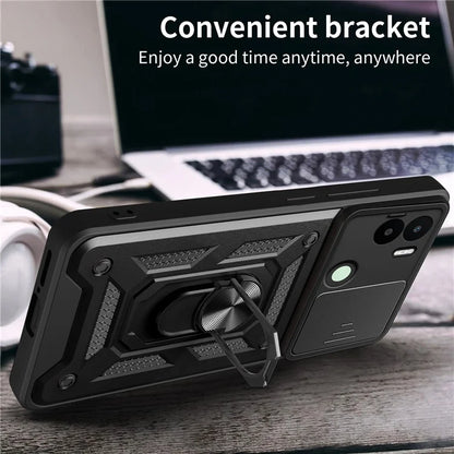 For Xiaomi Redmi A1+ 4G Case with Slide Camera Lid PC+TPU Kickstand Phone Cover