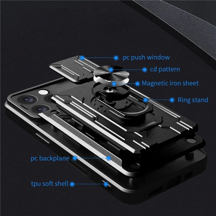 For iPhone 16 Pro Max Case PC+TPU Kickstand Phone Back Cover with Camera Slider