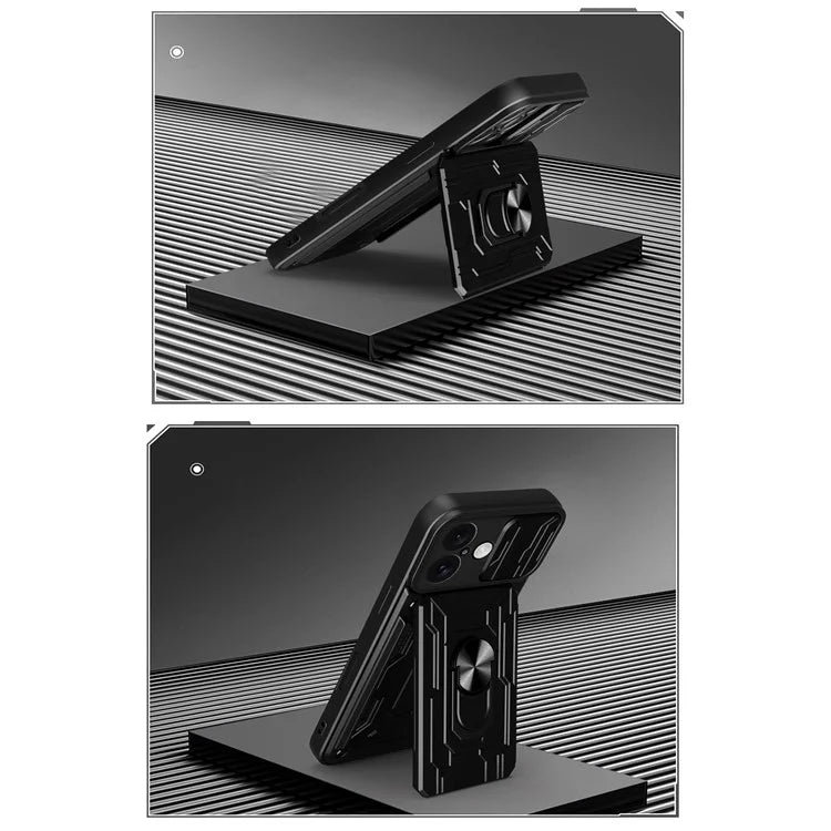 For iPhone 16 Plus Case PC+TPU Kickstand Phone Back Cover with Camera Slider