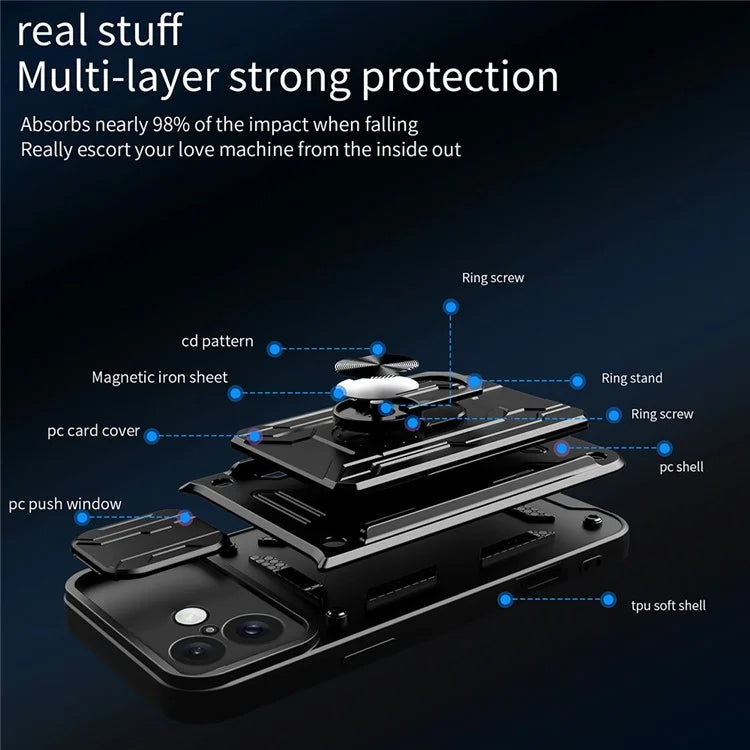 For iPhone 16 Plus Case PC+TPU Kickstand Phone Back Cover with Camera Slider