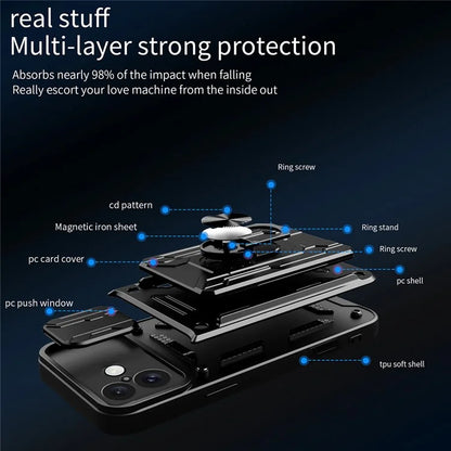 For iPhone 16 Plus Case PC+TPU Kickstand Phone Back Cover with Camera Slider