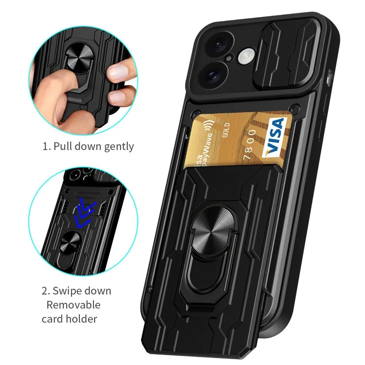 For iPhone 16 Plus Case PC+TPU Kickstand Phone Back Cover with Camera Slider