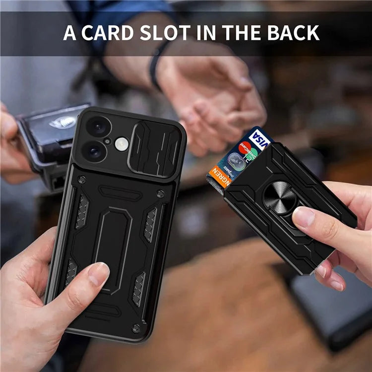 For iPhone 16 Plus Case PC+TPU Kickstand Phone Back Cover with Camera Slider