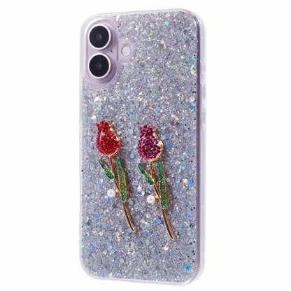 For iPhone 16 Plus Phone Case Sparkle Glitter Rose TPU Acrylic Back Cover