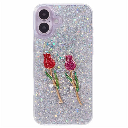 For iPhone 16 Plus Phone Case Sparkle Glitter Rose TPU Acrylic Back Cover
